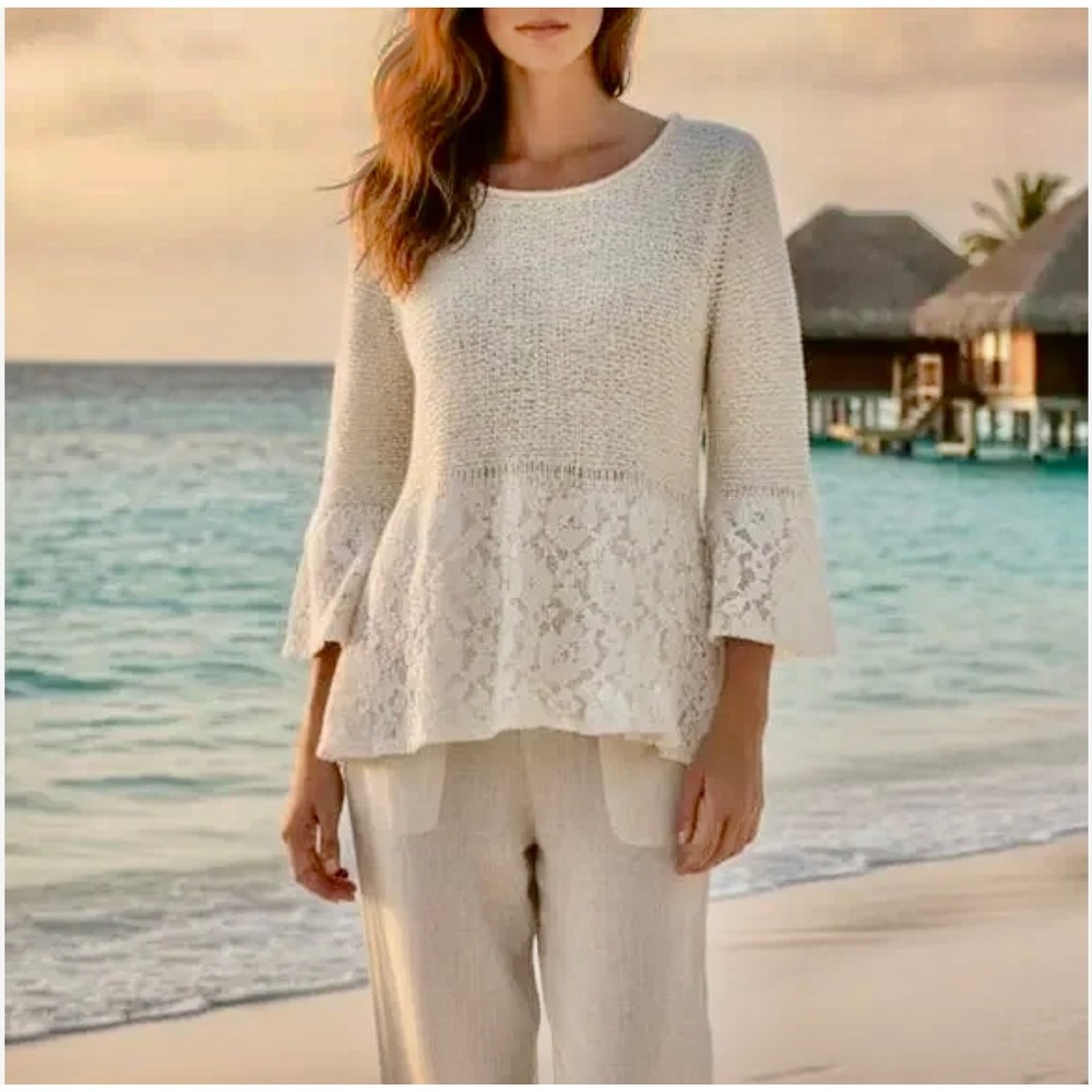Anthropologie Knitted & Knotted‎ Wool Blend Sweater Ivory Bell Sleeves
Lace S